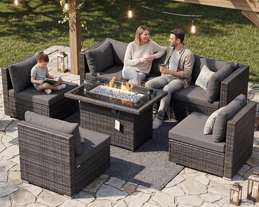 RADIATA 7 Piece Wicker Patio Furniture Set with Fire Pit, All-Weather Outdoor Sectional Couch High Back Large Size, Modular Backyard Seating Sofa Set with Propane/Natural Gas Firepit Table, Dark Gray