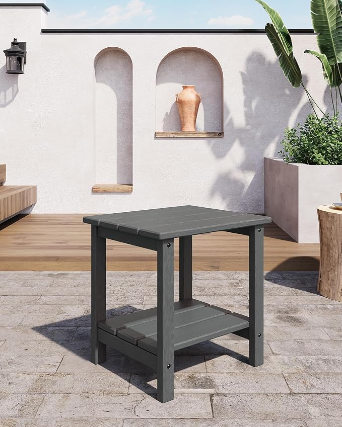 Takywep Adirondack Outdoor Side Table 18 x 15 in, HDPE 2-Tier Patio Side Table, All-Weather End Table for Patio, Pool Deck, Indoor & Backyard, Gray