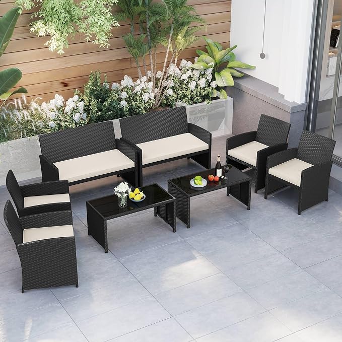 RELAX4LIFE 8-Piece Patio Furniture Set - Wicker Rattan Outdoor Sectional Sofa Set w/Glass Coffee Table, Loveseat, Chairs & Soft Cushions, Bistro Conversation for Garden Porch (2, Black-White)