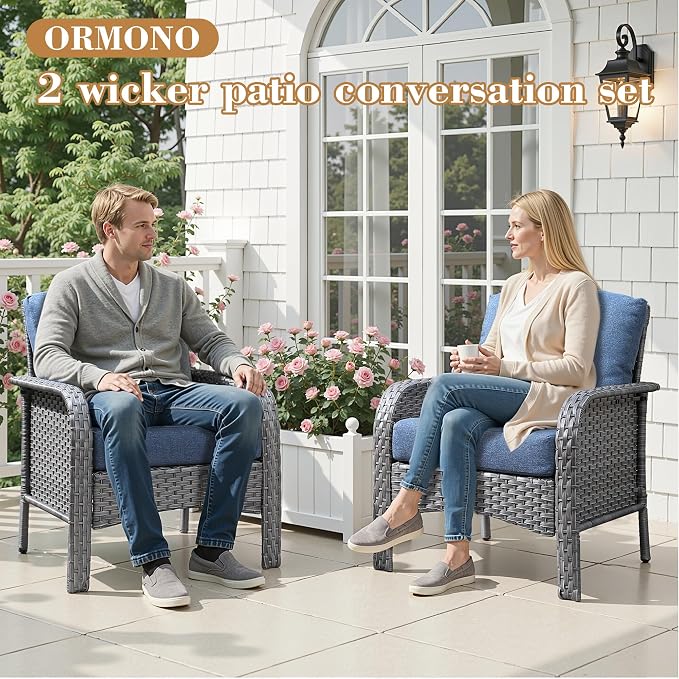 Wicker Patio Chairs Set of 2, Porch Furniture Set Two Single Chair, All-Weather High Back Outdoor Rattan Chairs of 2 for Small Space Porch, Backyard, Balcony, Denim Blue
