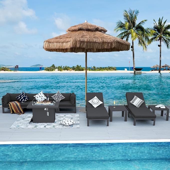 RADIATA 9 Piece Luxury Aluminum Outdoor Sectional Sofa with Chaise Lounge & Firepit, Large Modular Patio Furniture Set, 29" Deep Wide Seating, 500 lbs Heavy Duty Conversation Set for Deck, Dark Gray