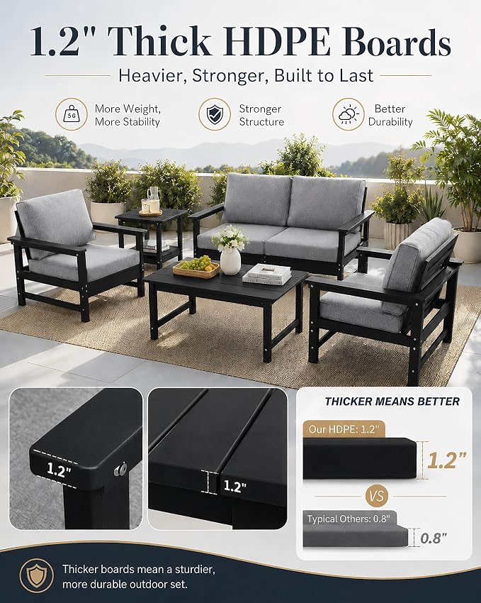 HDPE Outdoor Patio Furniture Set with Cushions, 7 Piece Patio Conversation Set Sofa Set,All Weather Outdoor Couch Set with Coffee Table for Lawn, Garden, Deck