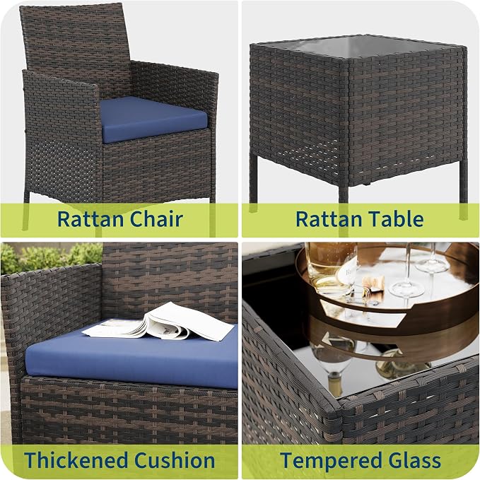 PeakPursuit 3 Pieces Patio Furniture Set, PE Rattan Wicker Patio Set with Soft Cushion and Glass Coffee Table, Upgraded Outdoor Patio Chairs and Table for Garden Poolside Balcony, Blue