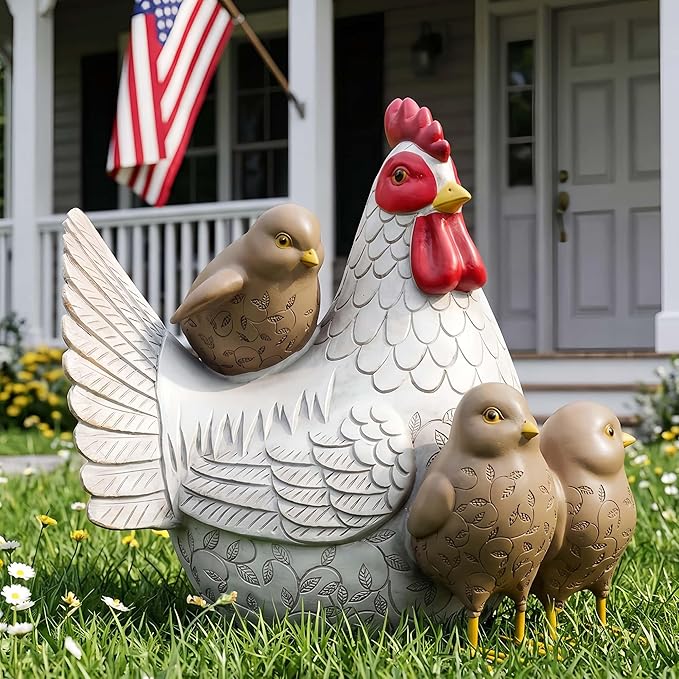 Resin Animal Decorations Gifts, Rustic Garden Statues, Farmhouse Chicken Decor, Hen on Nest, Chicken Statue & Figurine for Garden, Patio & Home, Waterproof & Durable, Unique Outdoor Art