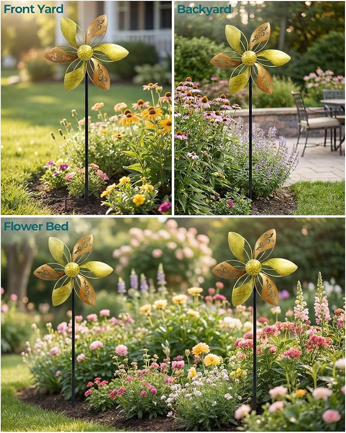Metal Wind Spinner for Yard, 37" Kinetic Garden Decor | Rust-Resistant Finish, Smooth Rotation, Elegant Floral Design, Tool-Free Setup, Outdoor Yard Art