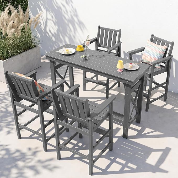 Adirondack Bar Chair Set of 2, All Weather HDPE Counter Height Bar Chair with Wide Armrests & Footrest, Heavy-Duty Outdoor Bar Height Barstools Set for Patio, Balcony, Pool, Backyard, Grey