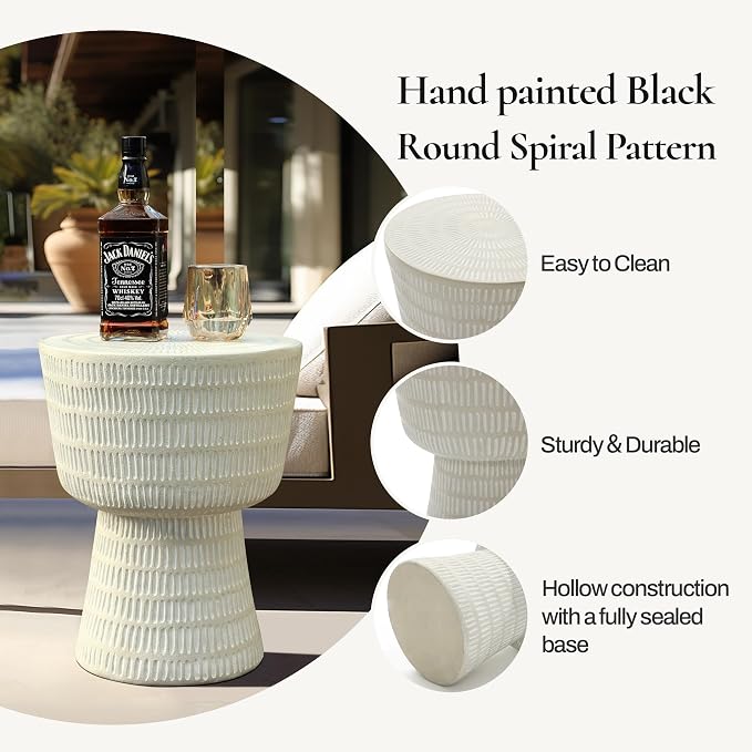 LuxenHome Outdoor Side Table, 15'' Off White Round Spiral Pattern Accent End Table, Indoor Outdoor Coffee Tables for Patio, Living Room, Backyard,Garden Stool and Plant Stand