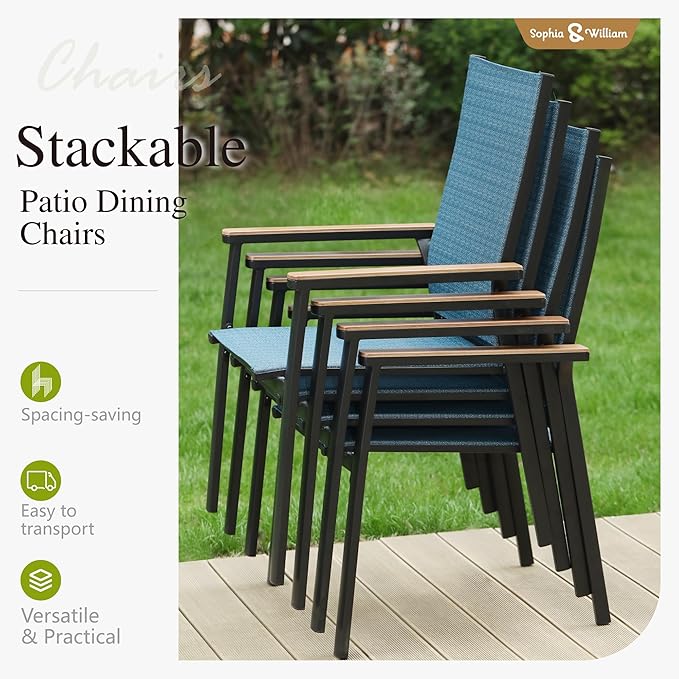 Sophia & William Round Patio Dining Set for 6 with Aluminum Chairs, Blue | Metal table, Stackable sling chairs, Breathable & quick-drying, Light-weight & space-saving, Umbrella Hole, Outdoor, 7 piece