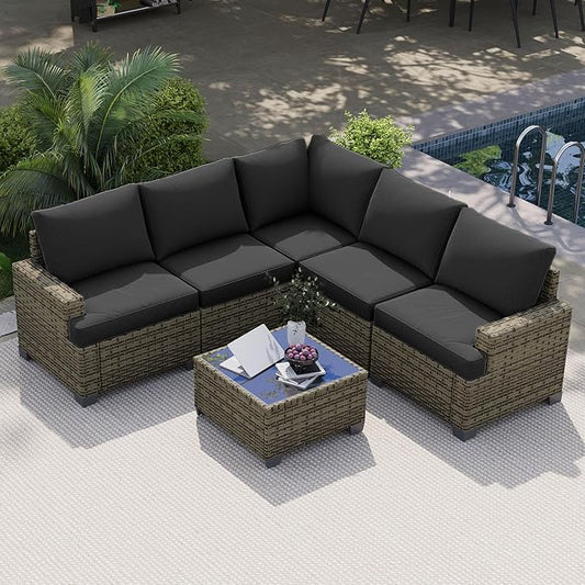 LET'S PATIO Luxury Patio Furniture Set, 6 Piece Outdoor Furniture Set, All-Weather Patio Sectional Sofas with Thickened Cushions, Black
