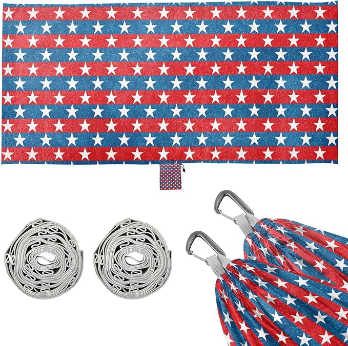 Patriotic Stars Camping Hammock, Portable Lightweight Single Hammock with Tree Straps and Aluminum Carabiners, 114" x 54" Travel Hammock for Hiking Backpacking Beach