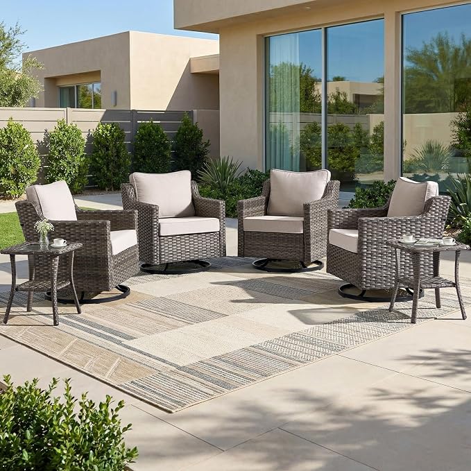 Luxury Patio Furniture Chairs Set - 6 Pieces All Weather Wicker Outdoor Couch and High Back Swivel Rocker Patio Chairs with Side Table for Deck Yard and Poolside Gray Wicker | Beige Cushions