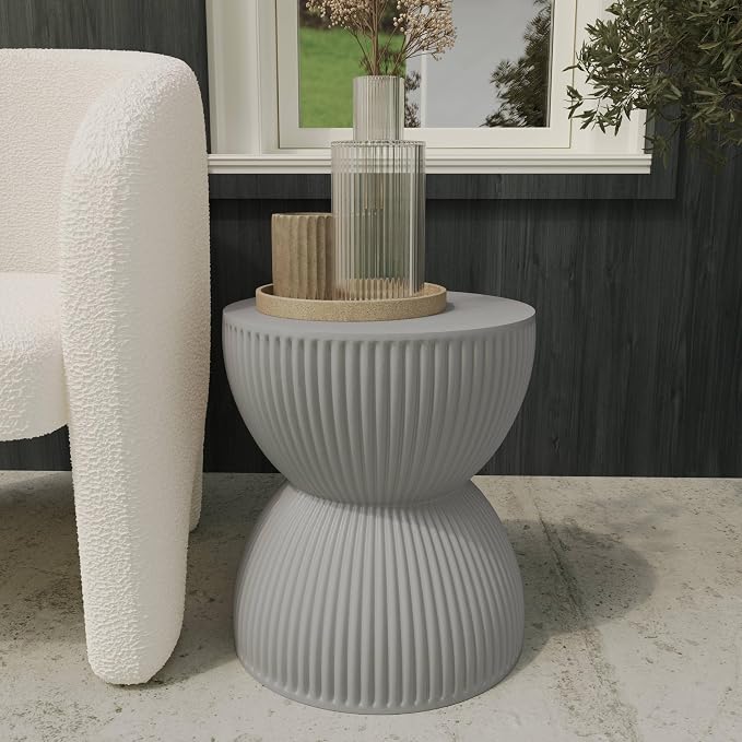 LeisureMod 15" Round Hourglass Fiberstone Side Table, Modern Accent End Table for Indoor Outdoor Use, Durable Small Table for Living Room, Patio, Balcony, or Garden - Grey