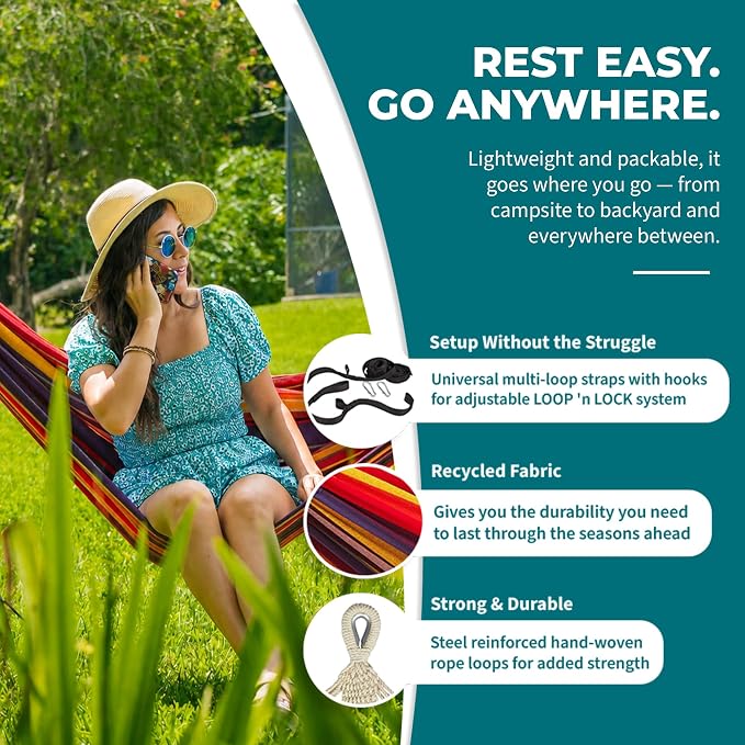 Bliss Hammocks 40" W Single Outdoor Hammock with Hand-Woven Rope Loops & Tree Straps, Patio, Durable, Cotton/Polyester, 220 Lbs Capacity, Tropical Stripe