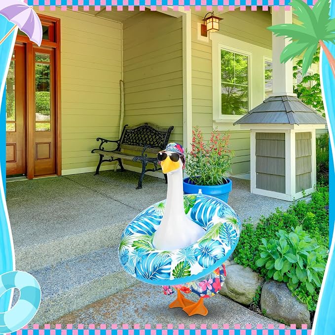Summer Goose Outfits Porch Goose Hawaiian Outfit Swimming Goose Clothes with Swim Trunks Sun Hat Sunglasses Swim Ring for 23'' Geese Statue Spring Summer Decor (Colorful Tropical Floral)