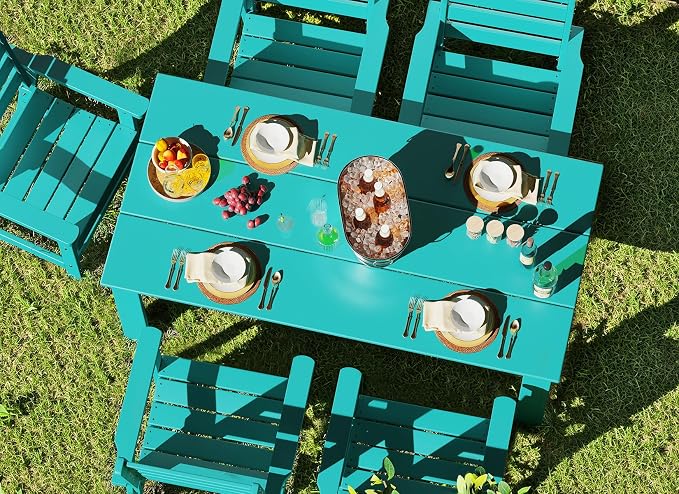 GREENVINES Outdoor Dining Table | 67’’ | HDPE | Rectangle Tables for 6 | All-Weather | Umbrella Hole | Patio Furniture | for Poolside Backyard Garden | Aqua