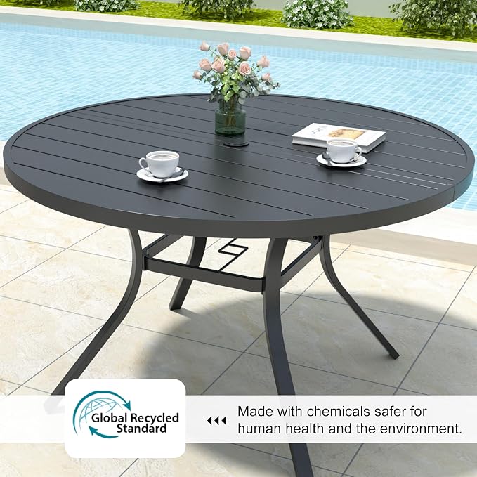 Anmutig Round Outdoor Dining Table, 48 Inch All-Weather Patio Table with Adjustable Umbrella Hole for Deck Lawn Garden Backyard Balcony Deck, Black Metal Frame Slatted Tabletop