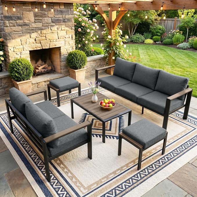 Outdoor Patio Furniture Set 5 Pieces Luxury Aluminum Patio Conversation Set with Coffee Table and 2 Ottoman 7 Seats, Thick Cushions, Large Sectional Sofa for Porch, Balcony, Deck, Yard, Gray