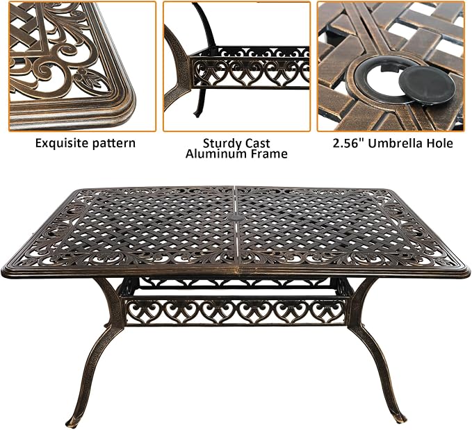 Outdoor Dining Table for 4-6 Person, 58.66" Cast Aluminum Patio Table with 2.56" Umbrella Hole, Outdoor Bistro Table for Backyard, Garden, Patio