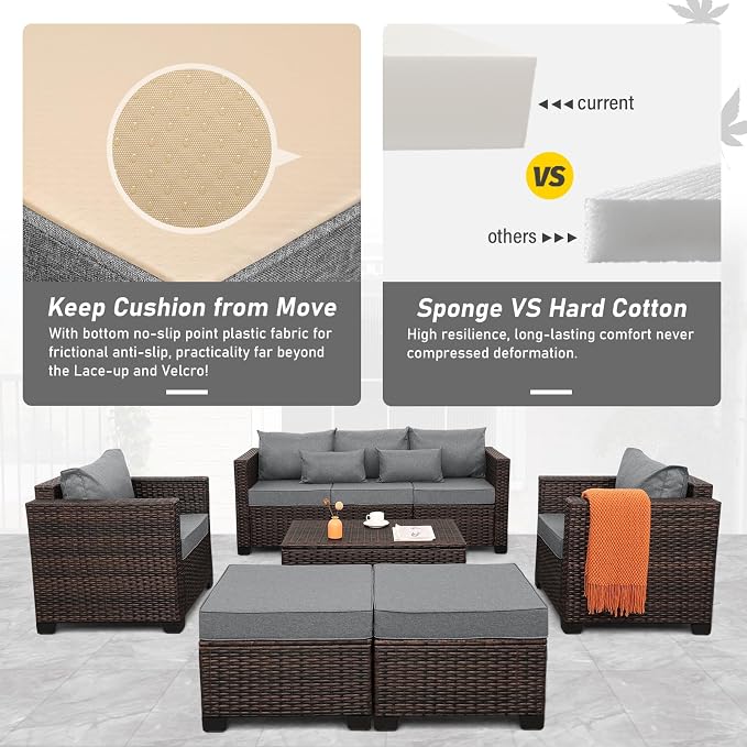 Oasishine Wicker Patio Furniture Set 6 Pieces Outdoor Furniture Chairs and Couch Storage Table Anti-Slip Cushions and Waterproof Covers, Dark Grey