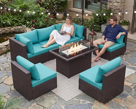 BULEXYARD 7-Piece Outdoor Patio Furniture Set with Propane/Natural Gas Fire Pit Table, High-Back Large Size Outside Sectional Couch Sofa, Comfy Wide Deep Seats for Yard, Brown Rattan & Teal Cushion