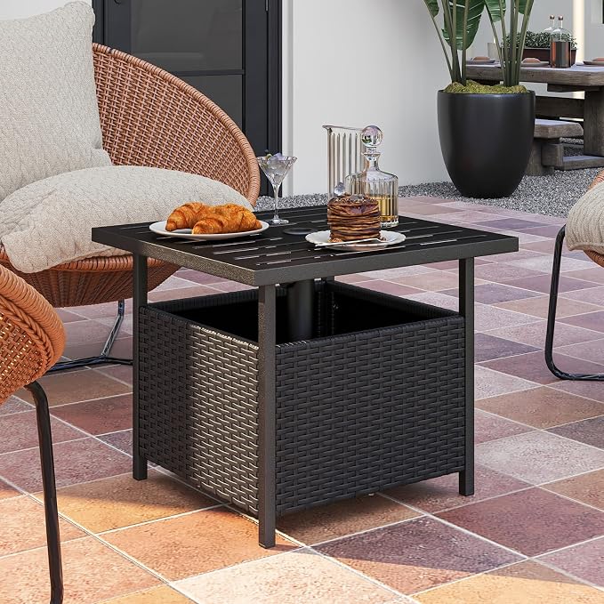 HAPPYGRILL Wicker Patio Umbrella Table with 1.57” Umbrella Hole, Outdoor Rattan Side Table with Heavy Duty Metal Frame, 22” Square PE Rattan End Table for Deck Backyard Poolside (Black)