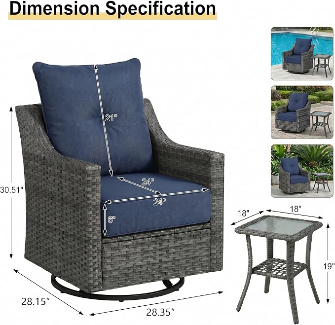 3 Pieces Patio Furniture Set with 6" Thick Cushions, All Weather Outdoor Wicker Swivel Rocker Chairs Set of 2 with Table for Porch Yard Deck