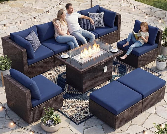 BULEXYARD 9 Piece Highback Patio Furniture Set with Fire Pit Table, Modern Modular Outdoor Sectional Couch Sofa with Ottoman, XL 8-Person Backyard Seating for Outside, Brown Wicker & Navy Blue Cushion