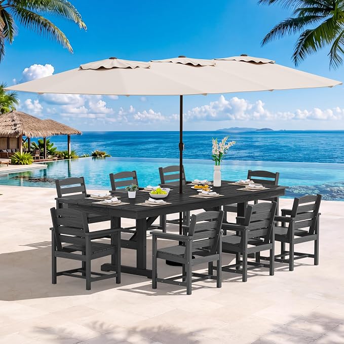 SERWALL 10 Piece Outdoor Dining Set with 15ft Triple-Head Foldable Umbrella(Based not Included), 84" HDPE Outdoor Table and Chairs for 8, Black