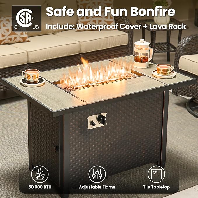 ovios 7-Piece Patio Furniture Set with Swivel Chairs Side Table, Outdoor Wicker Sofa with 42" Fire Pit Table, High Back Couch Modern Conversation Sets, Brown/Beige