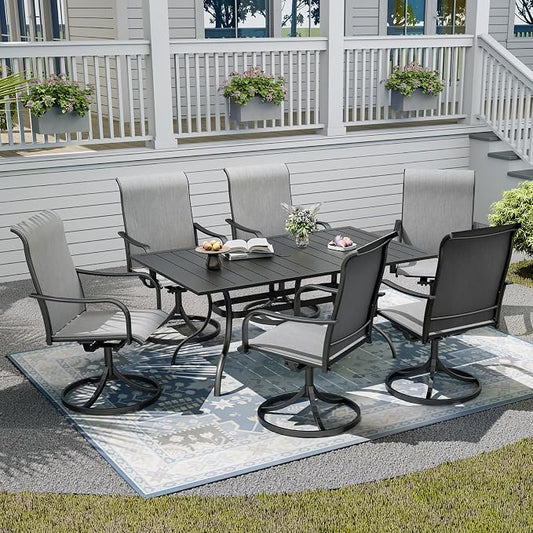 7-Piece Outdoor Dining Set with Umbrella Hole,63"x 38" Patio Table and Swivel Chairs Set for 6,Modern Garden Dining Set for Poolside Seaside Backyard