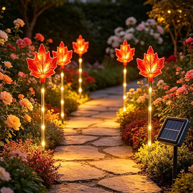 Solar Maple Leaf Lights - 6 Pack Outdoor Solar Path Lights with 8 Lighting Modes, Waterproof Garden Stake Lights for Fall, Thanksgiving, Autumn Decor, Housewarming Gifts & Outdoor Decor