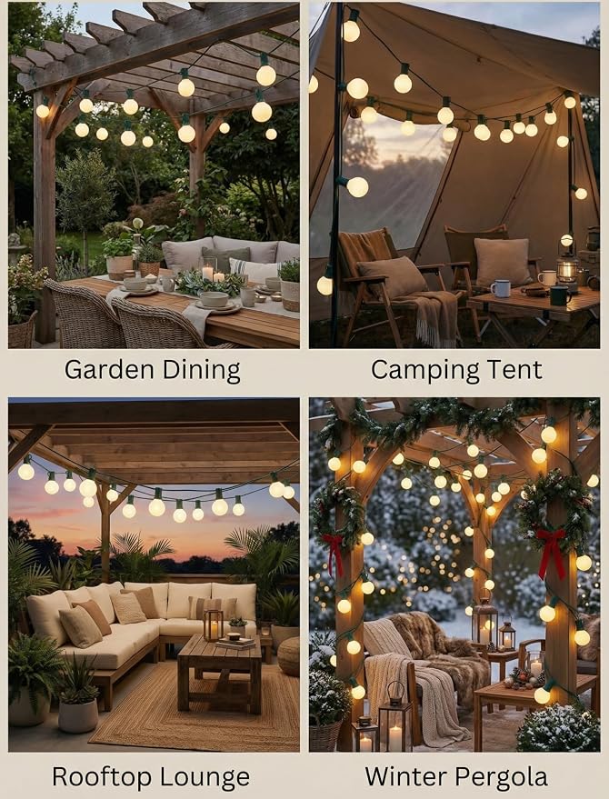 25FT G40 Christmas Lights, 25 Frosted White Bulbs, Green Wire | IP44 Weatherproof, 5W Glass Incandescent Bulbs, E12 Bases, 2 Spares, Connects Up To 3 Strands for Trees and Pergolas