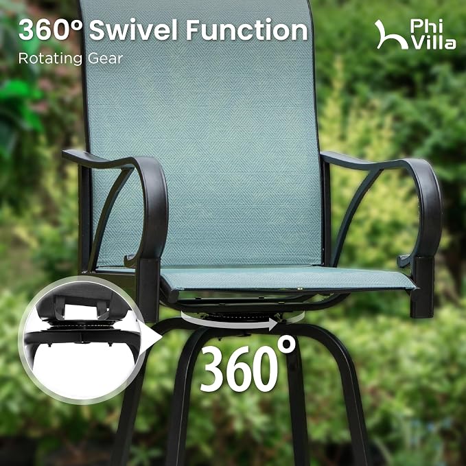 PHI VILLA Outdoor Patio Swivel Bar Set of 3, Jacquard Lake Blue Textilene Furniture Bistro Set with 2 Outdoor Bar Stools and Square Patio Bar Table for Garden Lawn Yard