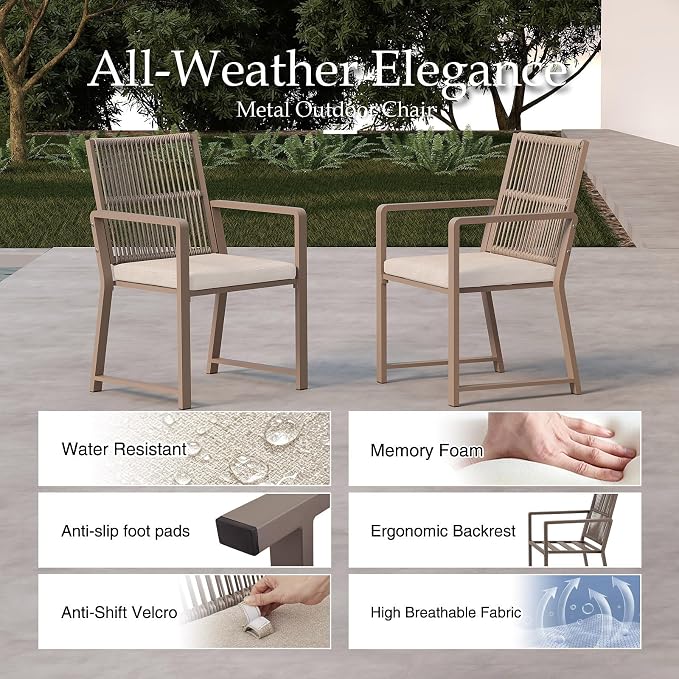 Outdoor Patio Wicker Rattan Dining Chairs, Heavy-Duty Wrought Iron Frame Supports 400lbs, Ergonomic Backrest, Detachable Breathable Cushion, for Garden & Porch, Light Brown, Set of 2