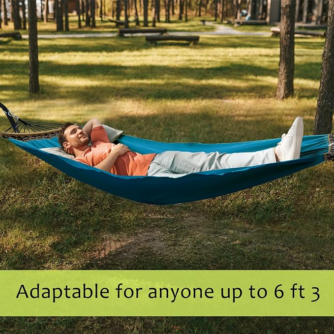 Tranquillo Hammock 2 Person Canvas Portable Hammock with Curved Wood Spreader Bar for Cozy Indoor and Winter Outdoor Use (Blue)