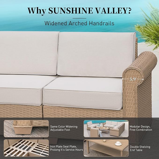 SUNSHINE VALLEY Patio Furniture Set, Wicker Outdoor Furniture Sectional Sofa with Fire Pit Table, 5 Seats Modular Conversation Set with 5.5" Thick Waterproof Cushion for Garden Deck Backyard, Beige