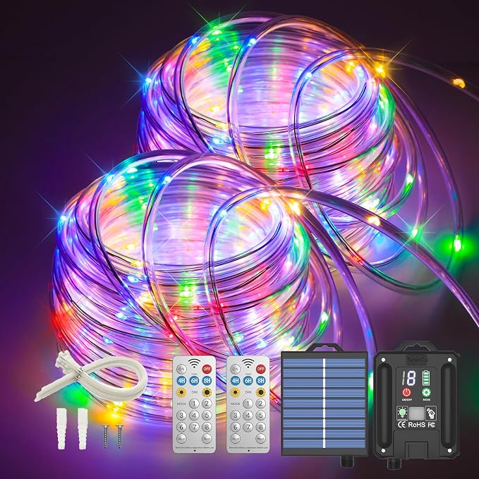 ICRGB Solar Rope Lights Outdoor, 132FT 400 LED (Multi-Colored- 2Pack) | Type C & Solar, With Remote, IP67 Waterproof, 8 Modes, for Trampoline Camping Tent Patio Porch Garden Christmas