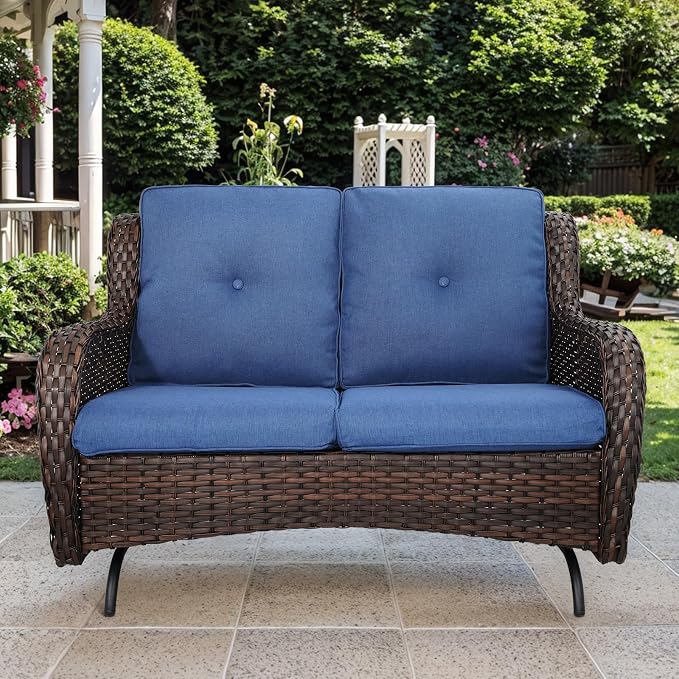 Patio Loveseat Glider Set, Resin Wicker Loveseat Glider with 2 Swivel Patio Chiars Coffee Table and Side Table, 5 Piece Patio Furniture Set Loveseat Set, Brown Wicker|Blue Cushions