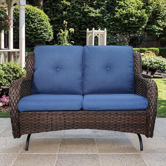 Patio Loveseat Glider Set, Resin Wicker Loveseat Glider with 4 Swivel Patio Chiars Rectangular Firepit Table, 7 Piece Patio Conversation Loveseat Set, Brown Wicker|Blue Cushions