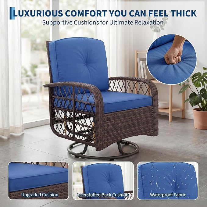 Outdoor Swivel Rocker Chairs Set, 3-Piece Patio Furniture with Washable Cushions & Glass Tabletop, Swivel Glider Rocker Set for Deck Porch Balcony Backyard Garden, Brown Wicker & Blue Cushions