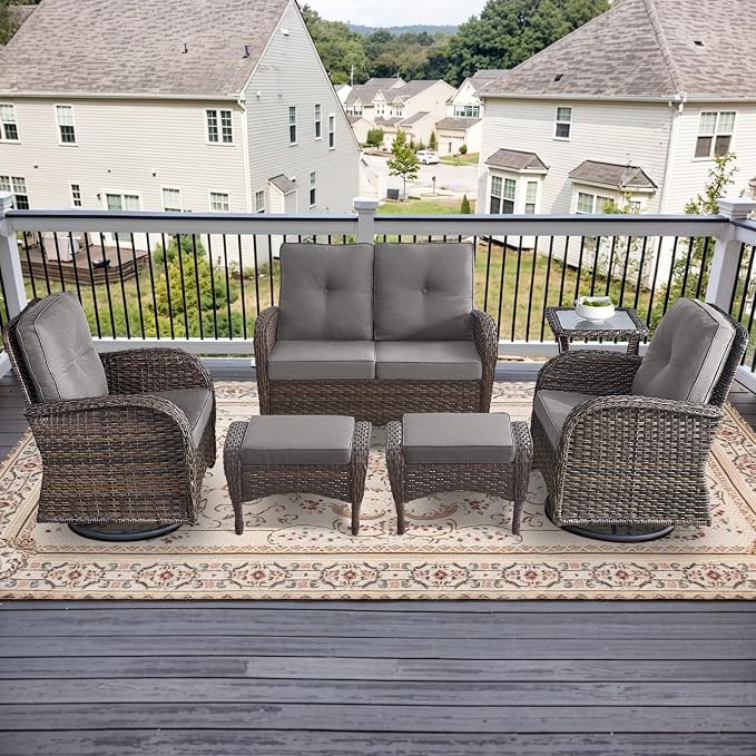 Outdoor Swivel Glider Rocker Chairs Set- 6 Piece Patio Furniture Set with A Glider Loveseat, Tempered Glass Side Table and 2 Ottoman, for Balcony, Porch - Brown Wicker, Grey Cushion