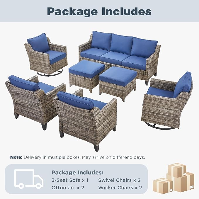 Belord Patio Wicker Swivel Rocker Patio Chairs with 3-Seater Sofa, Outdoor Rattan Chairs for Deck Porch Poolside, 7 Piece Patio Conversation Furniture Set,Blue