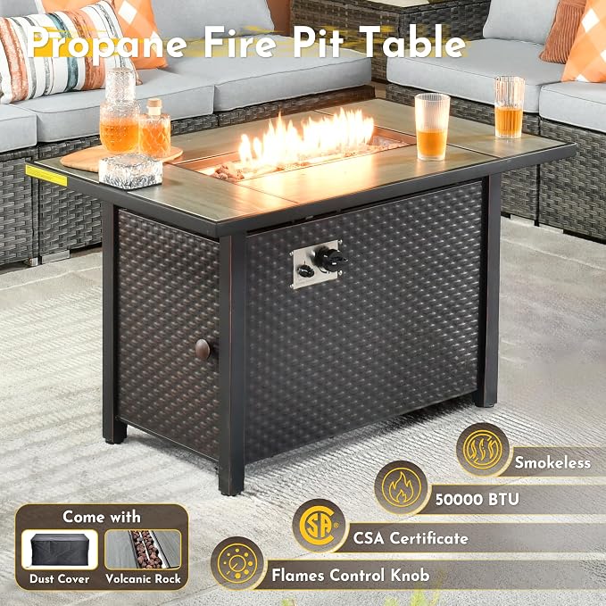 Weaxty 11 Piece Patio Furniture Set with Fire Pit Table, Outdoor Sectional Couch Swivel Rocker Patio Chairs with Coffee Table Wicker Conversation Sets for Balcony Backyard, Light Gray