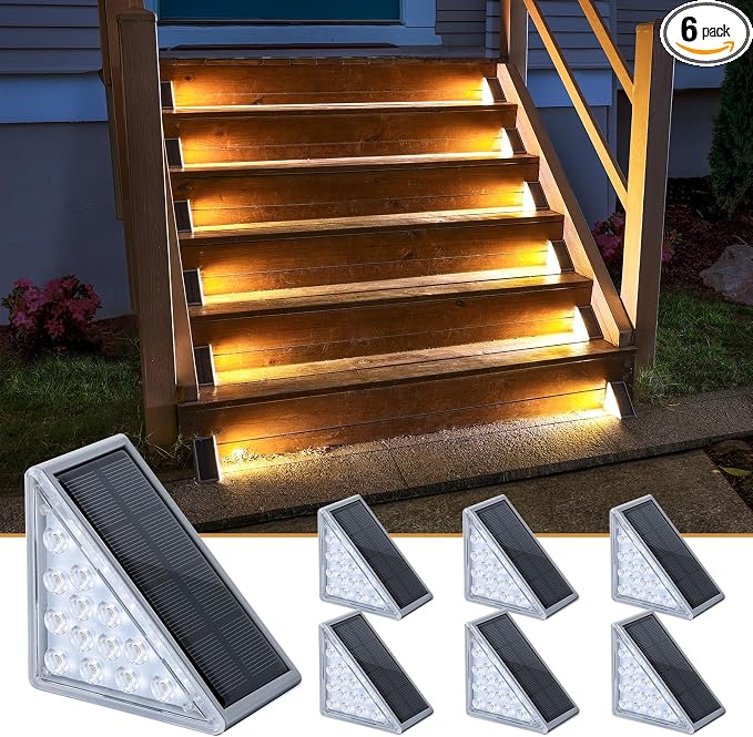 Solar Step Lights 6 Pack - Outdoor Stair Lights with 3000K Warm White & 6000K Cool Daylight, IP67 Waterproof, Auto On/Off, Super Bright for Deck, Patio, Steps