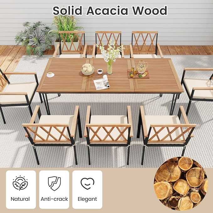Tangkula 9 Piece Patio Dining Set, Outdoor Rectangular Dining Table w/Acacia Wood Top & Umbrella Hole, Metal Frame Dining Table & Chairs Set w/Removable Seat Cushions for Yard, Porch, Garden, Deck
