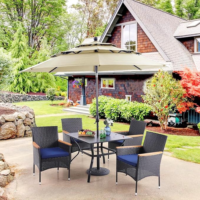 PHI VILLA 5pc Patio Dining Set with Umbrella, Square Table, Rattan Chairs | 37" Metal Table, Cushioned PE Rattan chairs, 10ft Beige 3 Tier Auto-tilt Umbrella (Base Not Included)