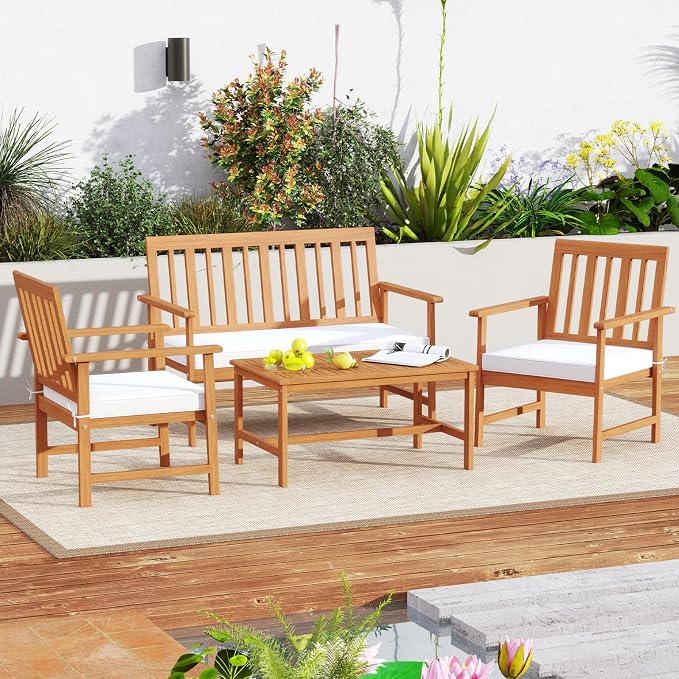 Tangkula 4-Piece Acacia Wood Patio Conversation Set, Outdoor Furniture Set with 2 Armchairs, Loveseat, Coffee Table, Soft Cushions, Slatted Sofa and Chairs Set for Deck, Backyard (Off White,1)