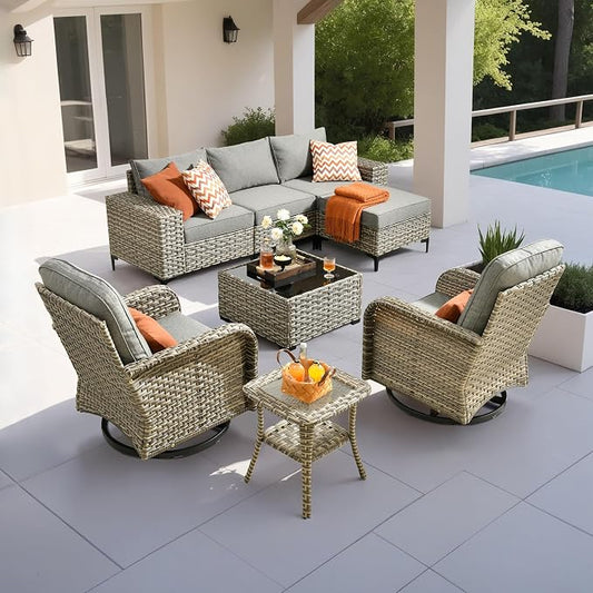 Outdoor Sectional Patio Furniture Set with Rocker Chairs,7 Pieces Wicker Conversation Sets L Shaped Couch,Extra Deep Out Door Sofa Outside Furniture,Dark Gray