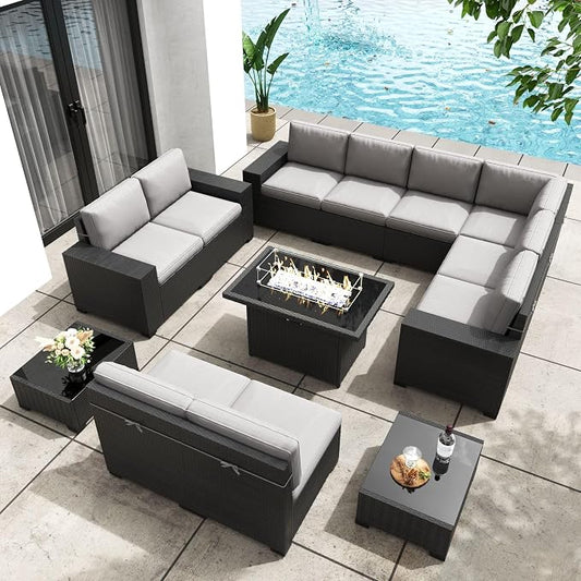 Patio Furniture Set with Fire Pit Table, 13 Pieces Outdoor All-Weather Wicker Conversation Sectional Chair Sofa Set
