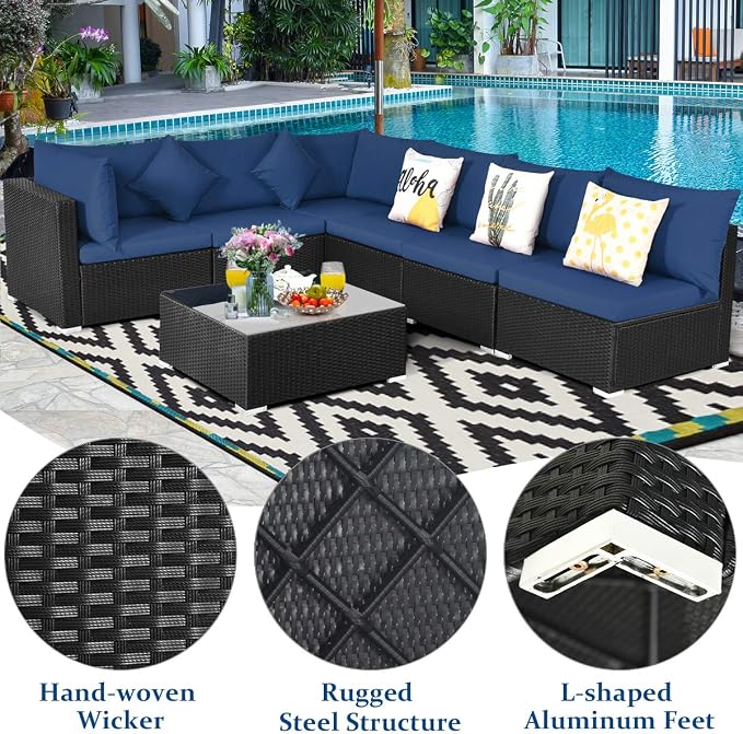 COSTWAY 7 Pieces Patio Furniture Set, Outdoor Rattan Conversation Set with 6 Seats, Coffee Tea Table, Soft Cushions, Wicker Patio Sectional Sofa for Garden Balcony Porch Poolside, Navy